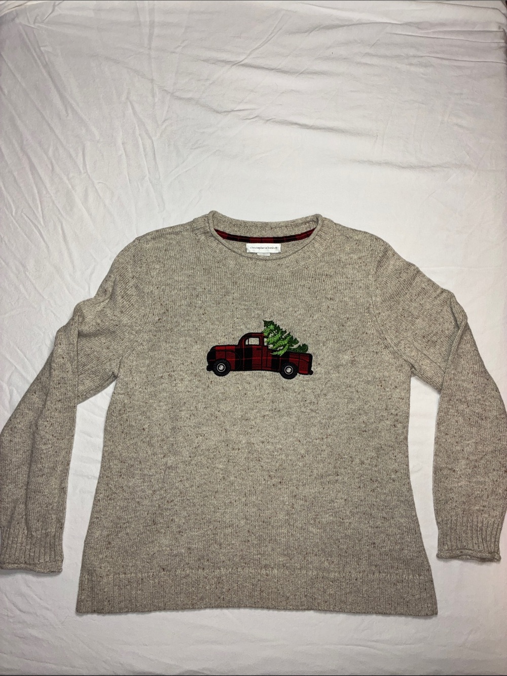Christopher & Banks Beige Crewneck Holiday Sweater with Red Plaid Truck